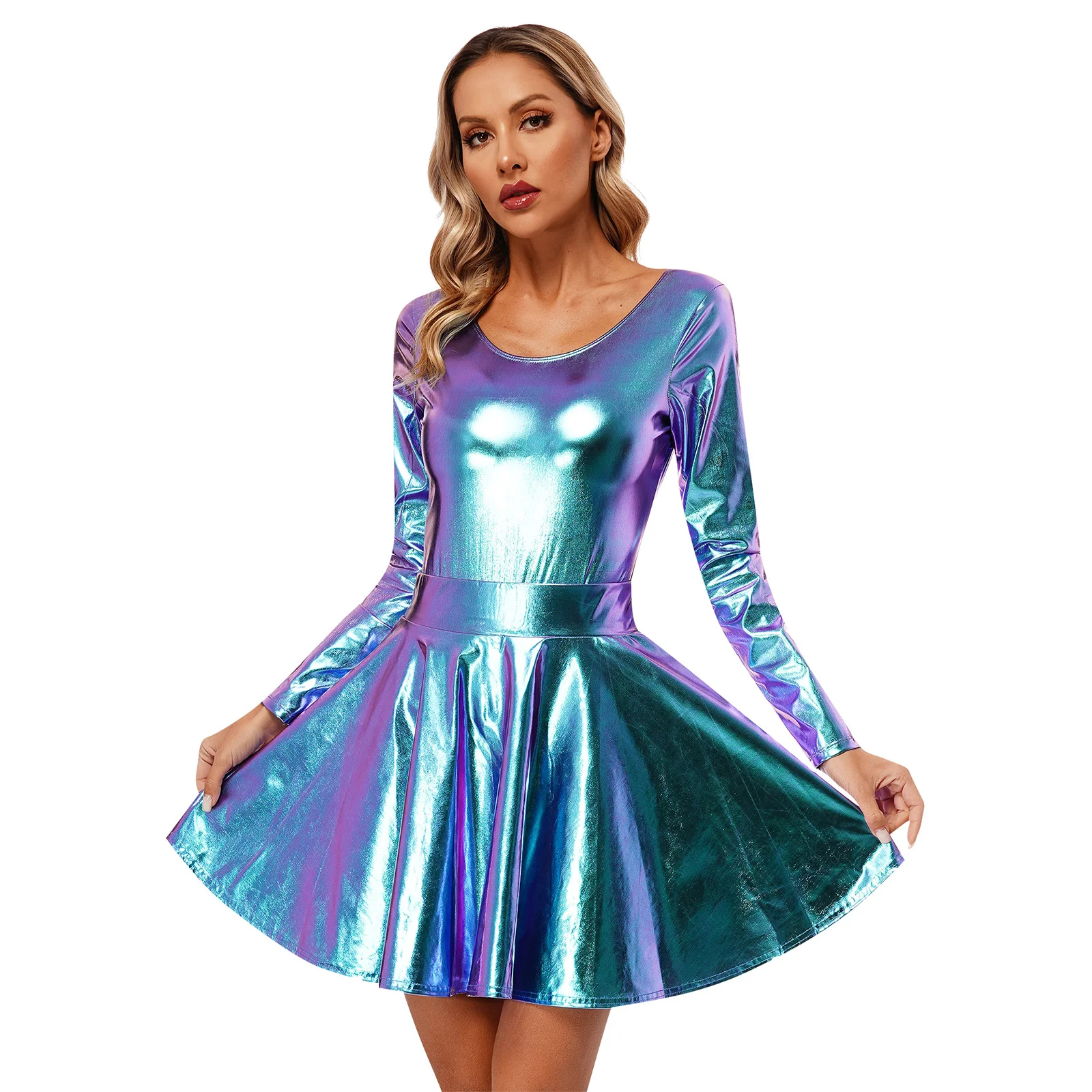 

Womens Shiny Metallic Long Sleeve Round Neck Leotard with High Waist Flare Skirt Party Music Festival Dance Performance Clubwear