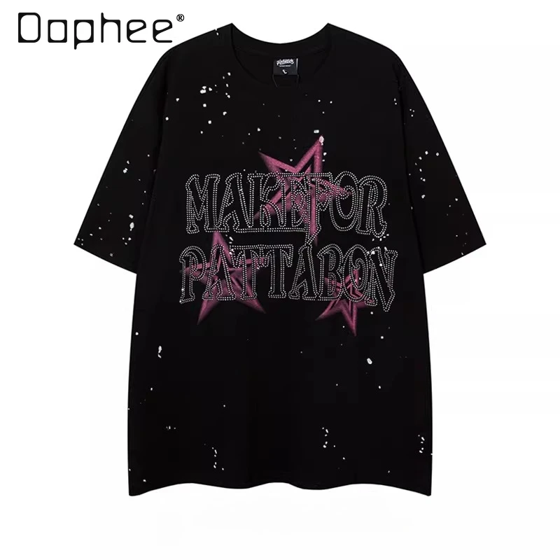 

Summer New American High Street Style Men's Loose Casual Black White Rhinestone Letter Print Round Neck Short-sleeve T-shirt