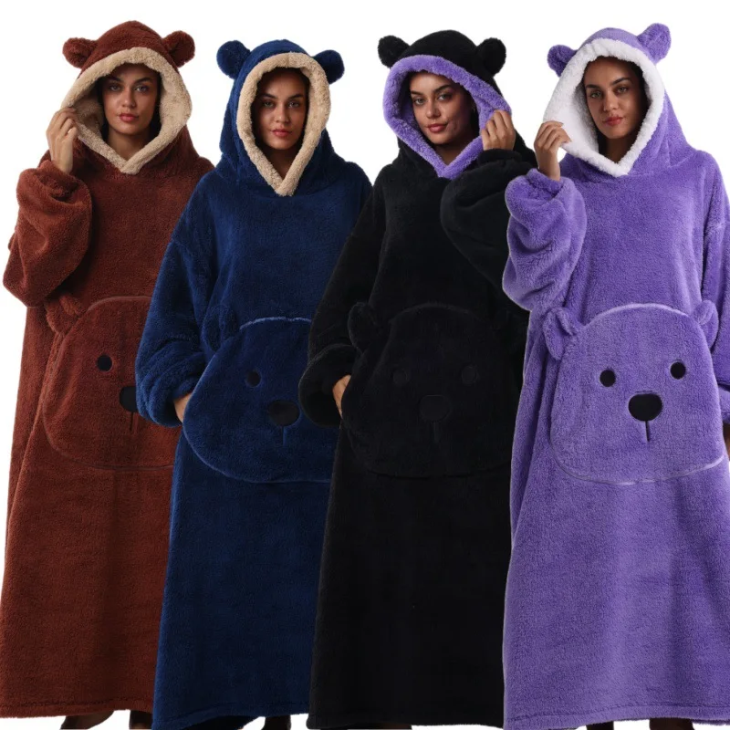 Lazy Blanket TV Blanket Outdoor Hooded Solid Color Long Sleeve Thickened Couple Bear for Men and Women Set