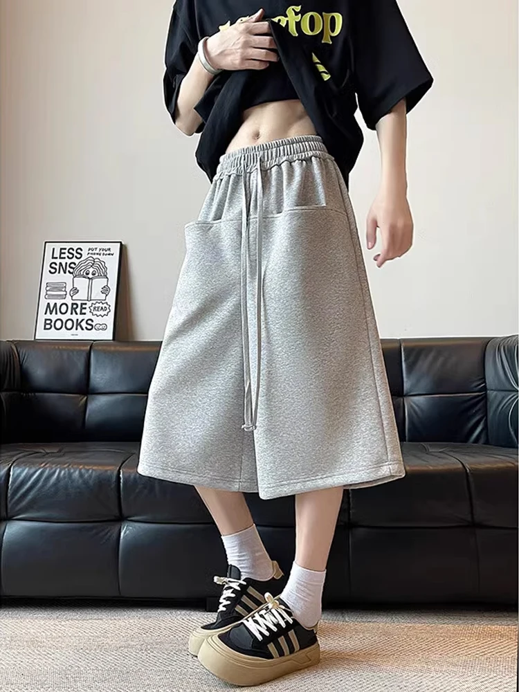 

ay High Waist Straight Leg Men's orts Summer Casual Pants Loose Fit Seven-Five-Six Length Slimming Effect Mid-Calf
