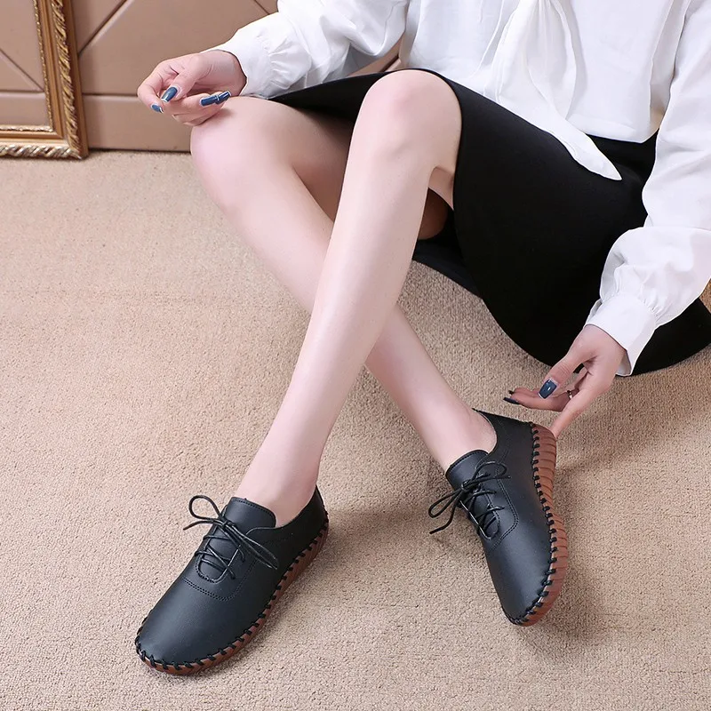 

Newest Woman Flats Breathable Sew Oxford Sneakers Women Casual Lace Up Split Leather Hollow Moccasins Loafer Shoes