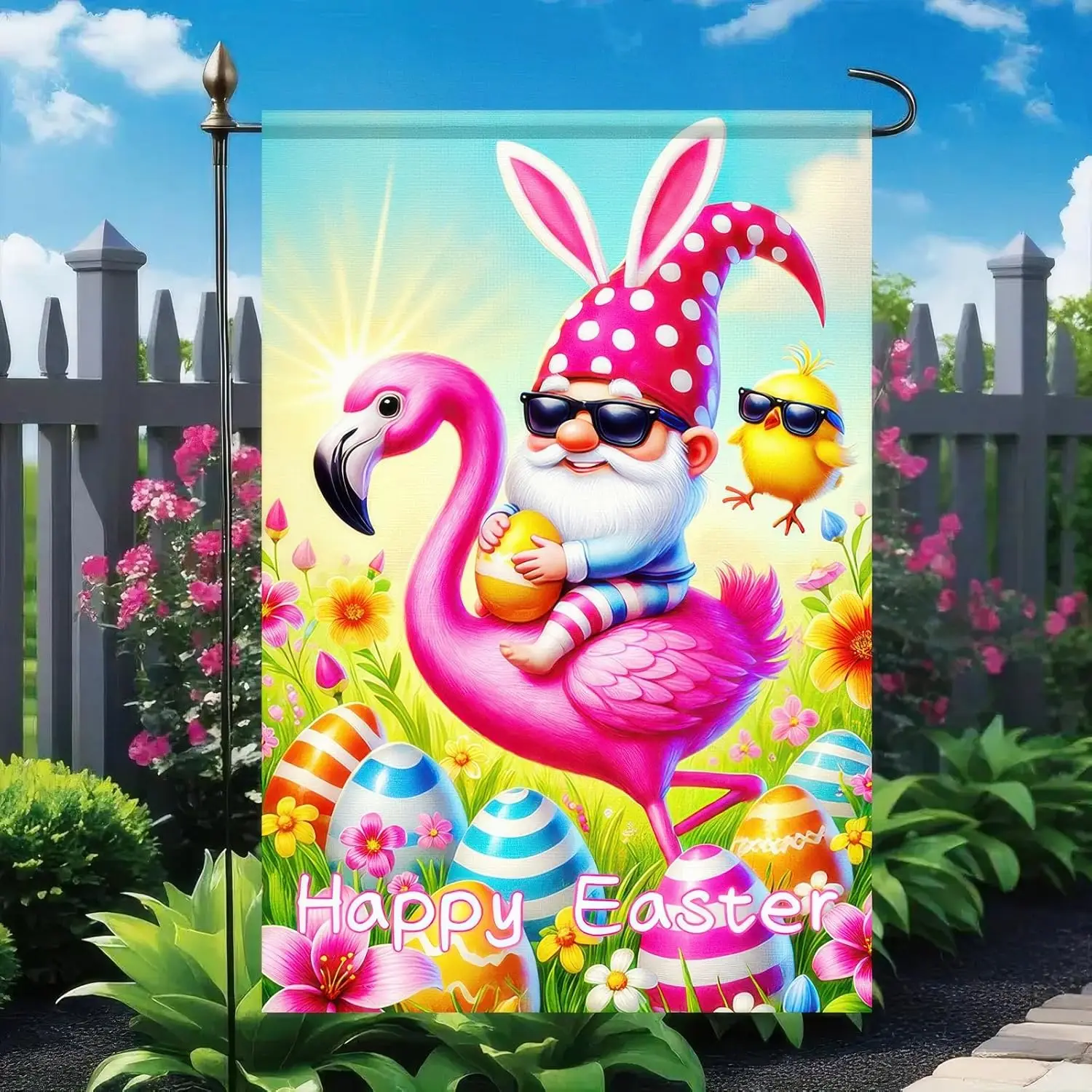 Happy Easter Garden Flag 12x18 Inch Double Sided Gnome Flamingo Bunny with Easter Egg Design Small Outdoor Yard Flag Spring  EEZ