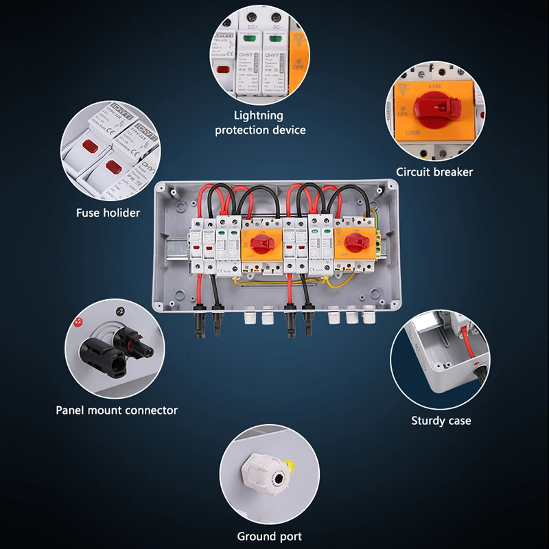 Solar PV Combiner Box DC 1000V 2 input 2 out Surge Lightning Protection IP65 Outdoor Waterproof Boxes Fuse MCB SPD Disconnector