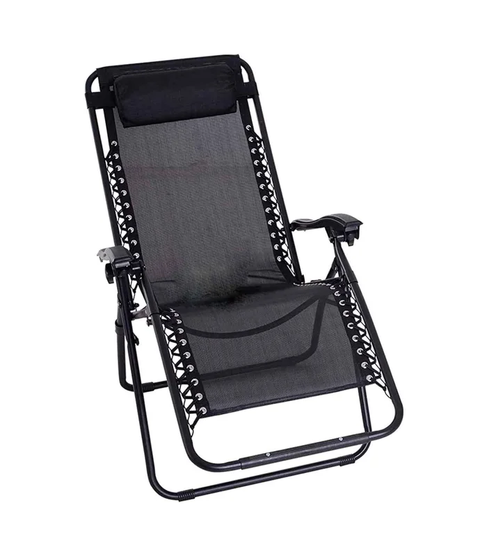 Tradineur steel folding chair/lounger, reclining, padded headrest, durable fabric. Black Color. 90x66x1