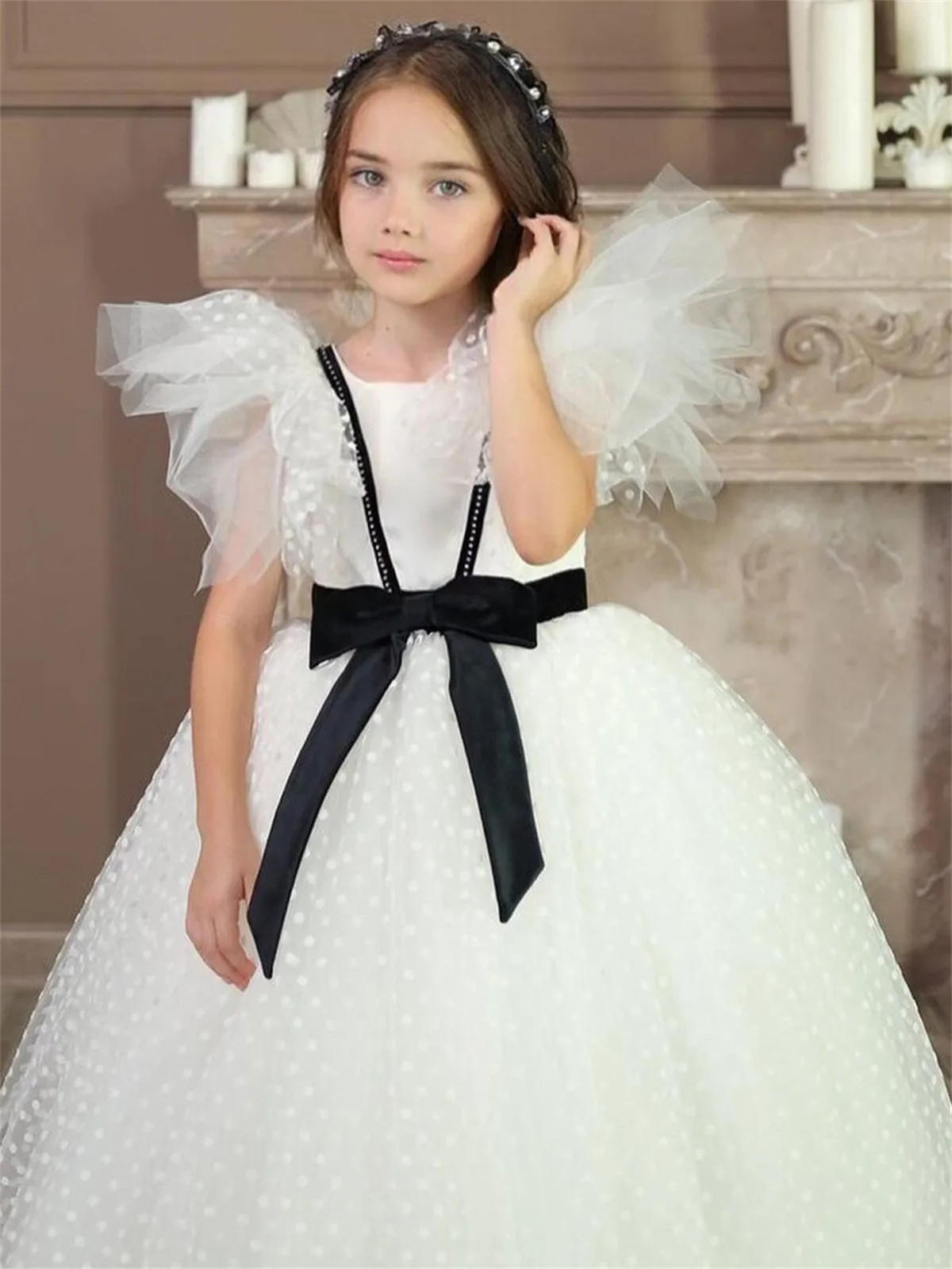 Vestido de niña de flores con lazo negro para boda, tul esponjoso hasta el suelo, vestidos elegantes para fiesta de cumpleaños eucarísticos para niños