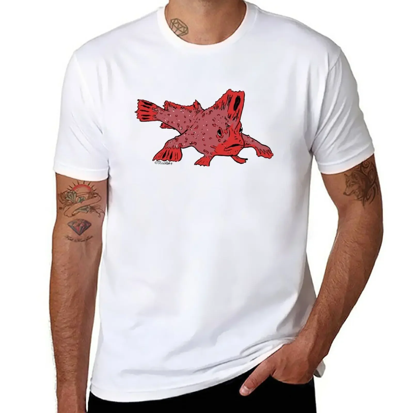 Red hand fish T-Shirt vintage clothes korean fashion mens clothing