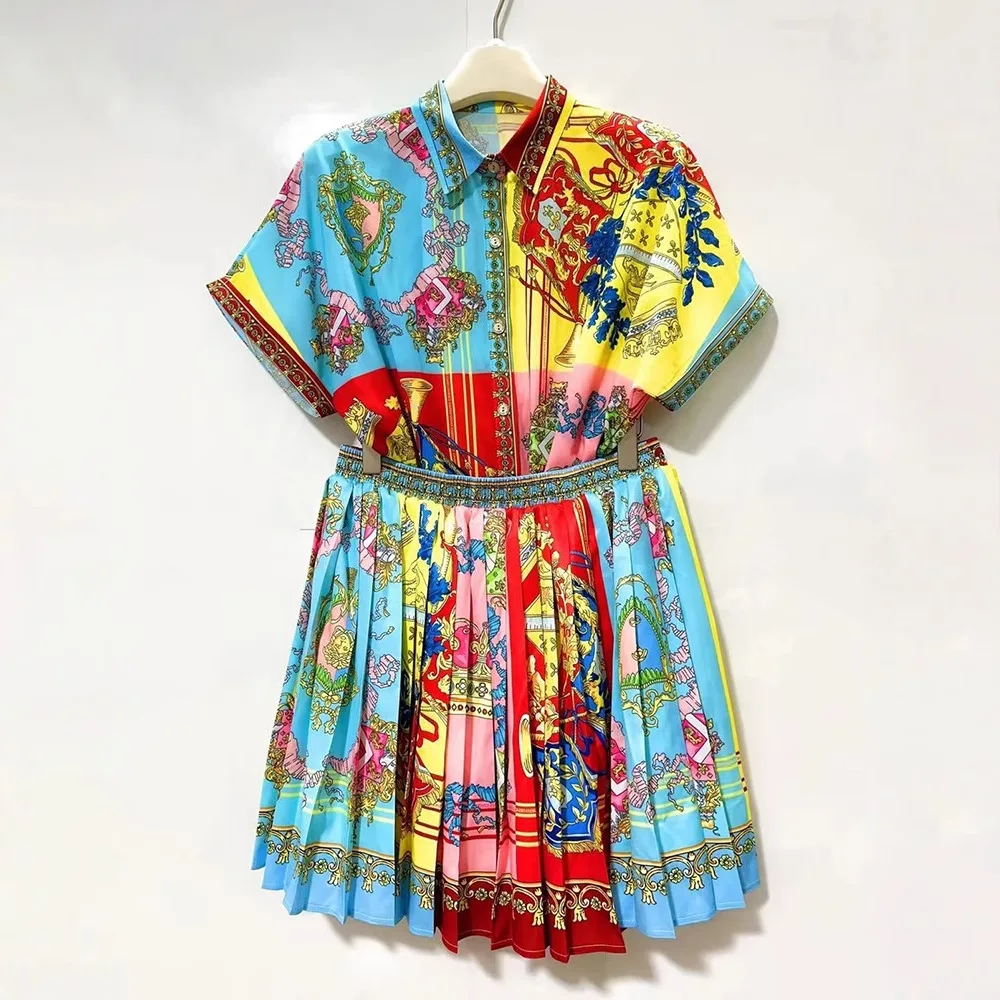 High Street 2pcs Set Women's Retro Geometric Positioning Printed Shirt Two-piece Set+loose Pleated Skirt Set