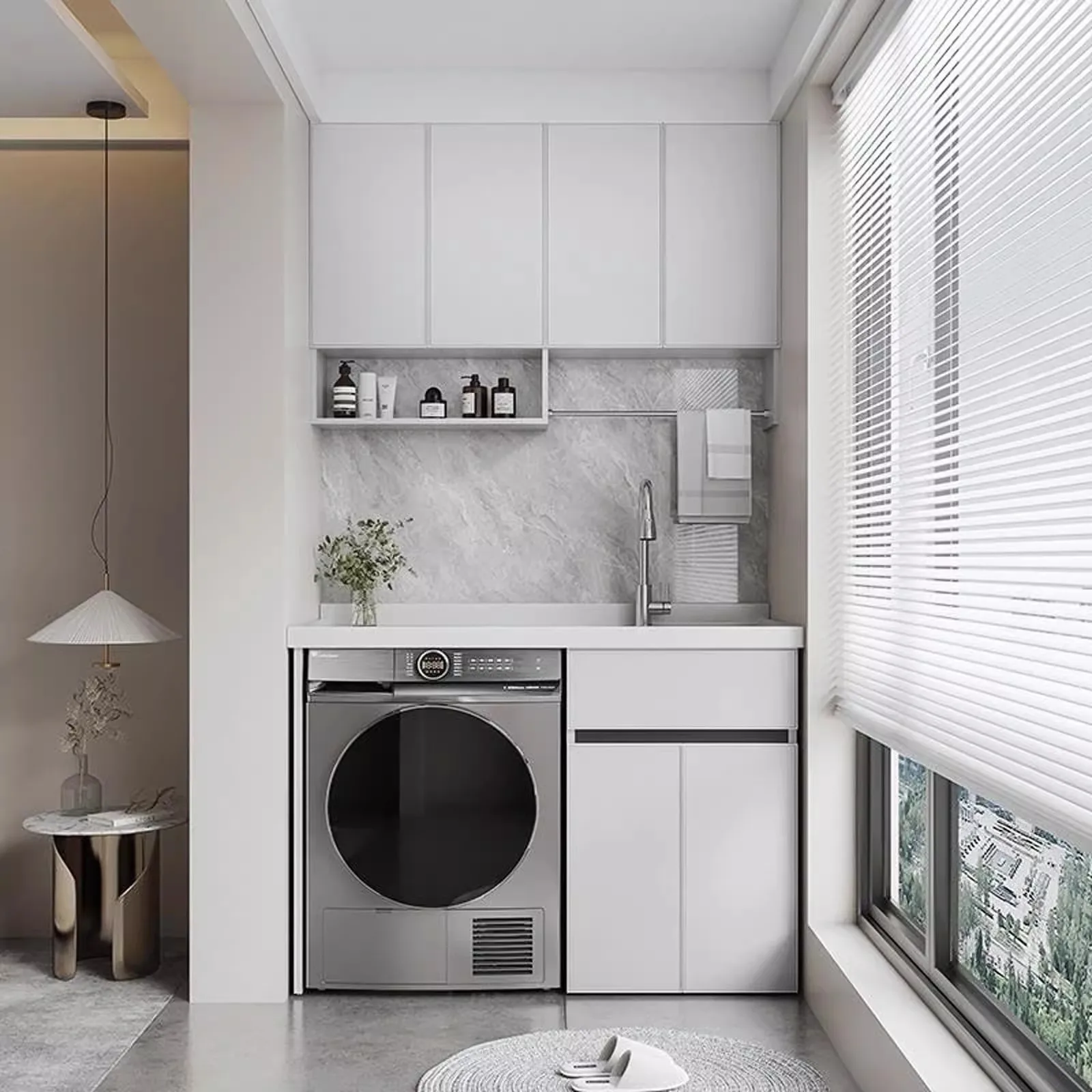 Solid Honeycomb Aluminum Laundry Sink, Quartz Basin with Washboard & Countertop, Integrated Combo Unit
