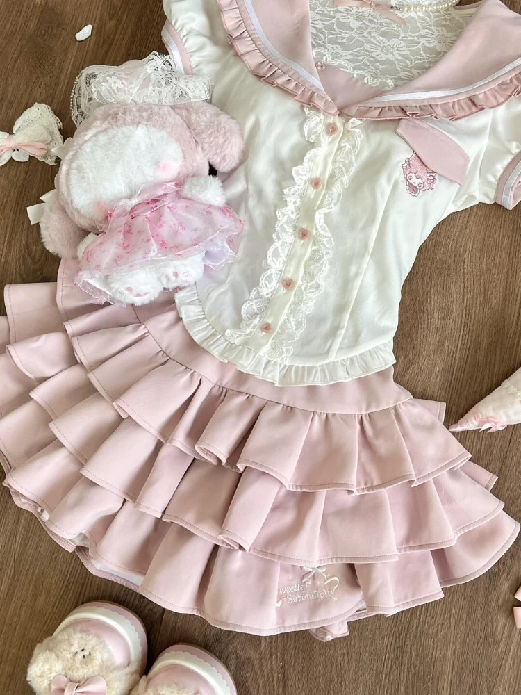 الصيف اليابانية الحلو Kawaii قطعتين مجموعة المرأة الدانتيل تقليم تكدرت الأعلى + Y2k تنورة صغيرة الشباب سليم صالح موضة الزي جديد