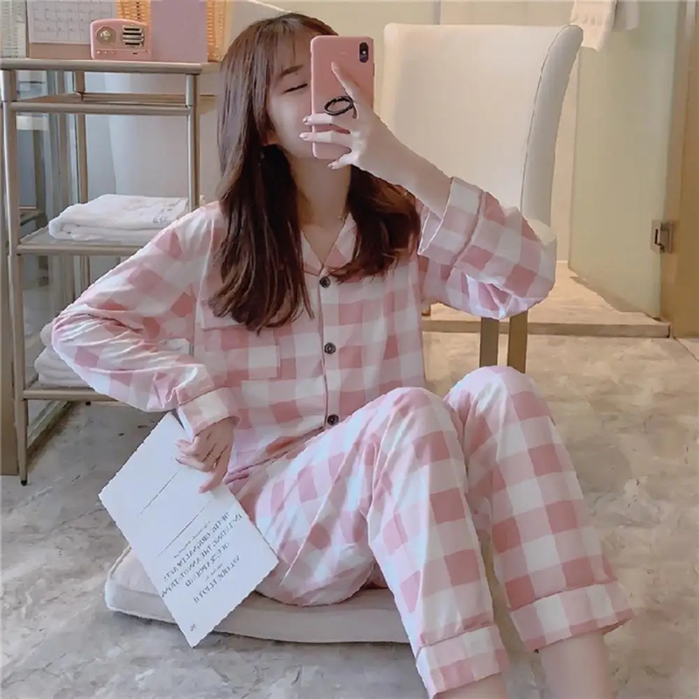 Soft Silky Pajamas Plaid Print Women\'s Pajama Set with Long Sleeve Shirt Wide Leg Pants for Spring Summer Sleepwear Plaid Pajama