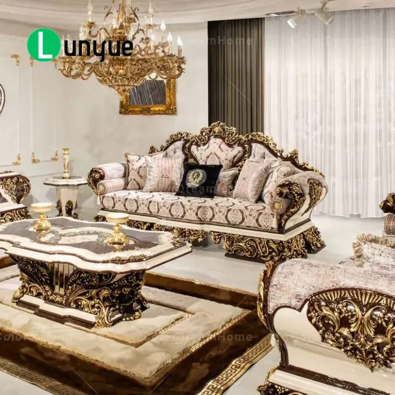 European Classic Luxury Wooden Carved Sofa Set Turkish Royal Style Living Room Furniture Elegant Handcrafted Wood Frame