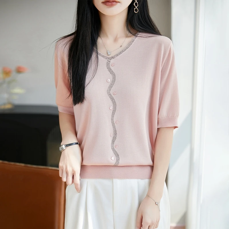 Summer New Women's Short sleeved V-neck Knitted 100% Lyocell T-shirt Basic Women's Pullover Short sleeved Fashion Hot Sale