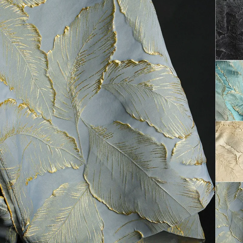 Tela Jacquard con Hojas de Hilo Dorado Azul Grisáceo, Textura en Relieve 3D Retro Francesa para Vestidos Cheongsam, Material de Diseño para Vestidos de Gala