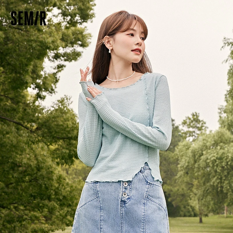 Semir 2023 Women Shirt Long-Sleeved T-Shirt Slit Loose New Autumn Stringy Selvedge Round Neck Texture Pullover Temperament