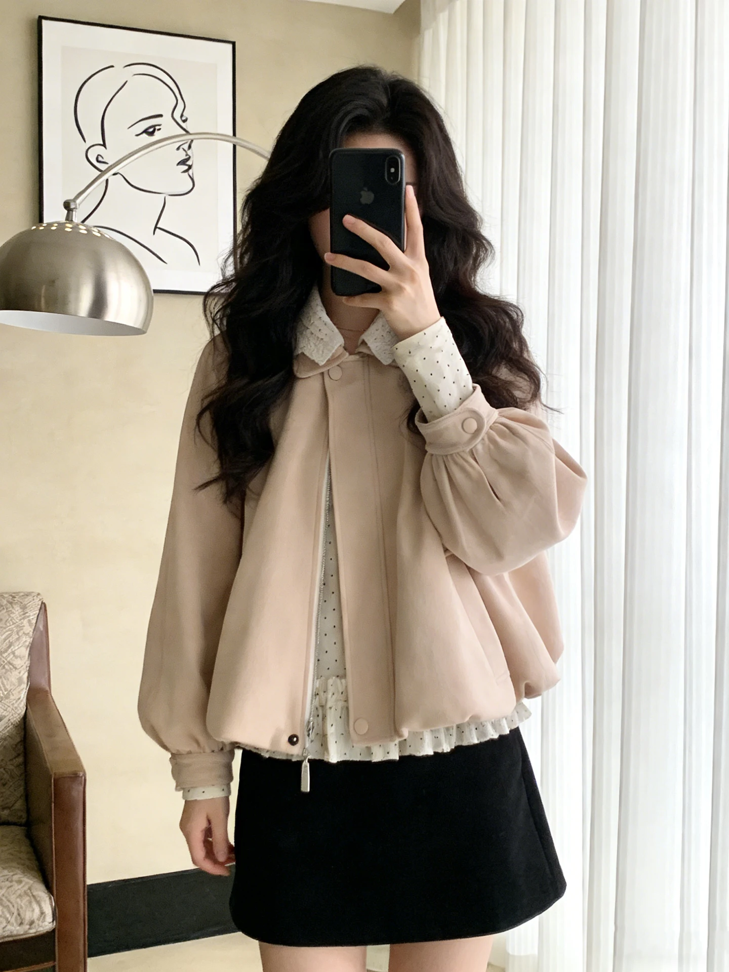 

Розовое замшевое пальто с рюшами и воротником-стойкой, женское, весеннее, новое, с пышным дизайном, свободного кроя, для повседневной носки