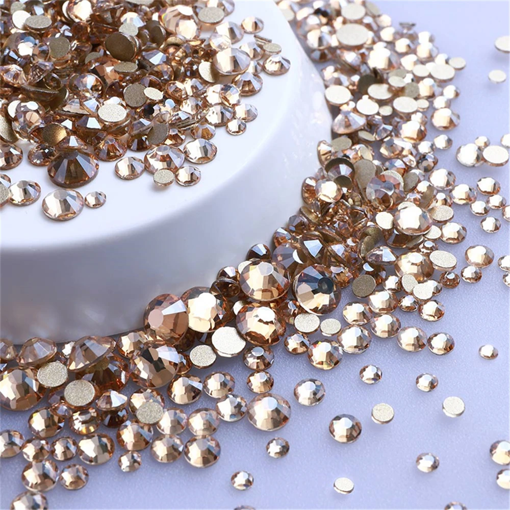 1440Pcs Mix Size SS3-SS20 Champagne Glass Flat Back Rhinestone Golden Shadow Glitter Non Hotfix Rhinestones for Nail Art Clothes