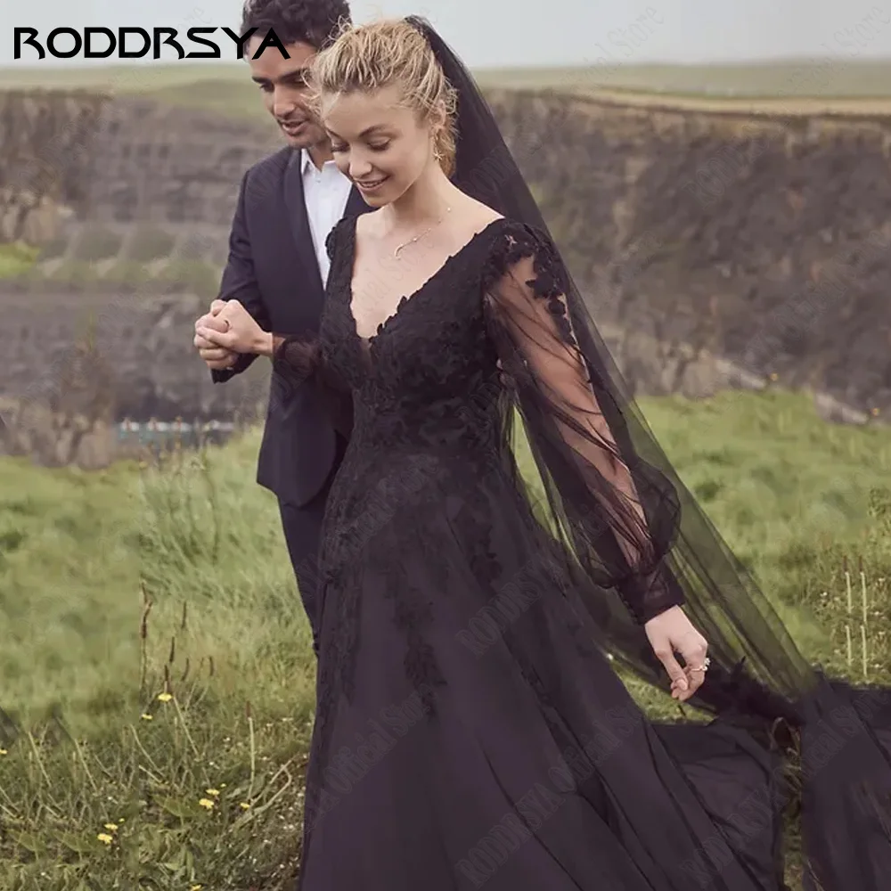 RODRSY Moderno Preto Vestidos De Casamento Para As Mulheres Duplo V-Neck RODDRSY Modernos Vestidos De Casamento Preto Para As Mulheres Double V-Neck Backless Vestidos De Noiva Lace Applqiue A-Line vestido de noiva 2024