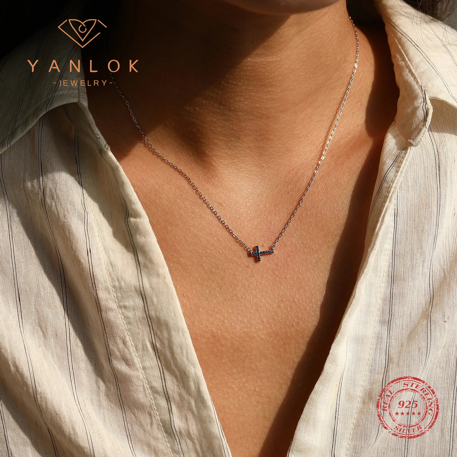 YANLOK 925 Sterling Silver Basic Link Chain Necklace Simple Blue Zircon Cross Pendant Necklace For Women Fine Jewelry