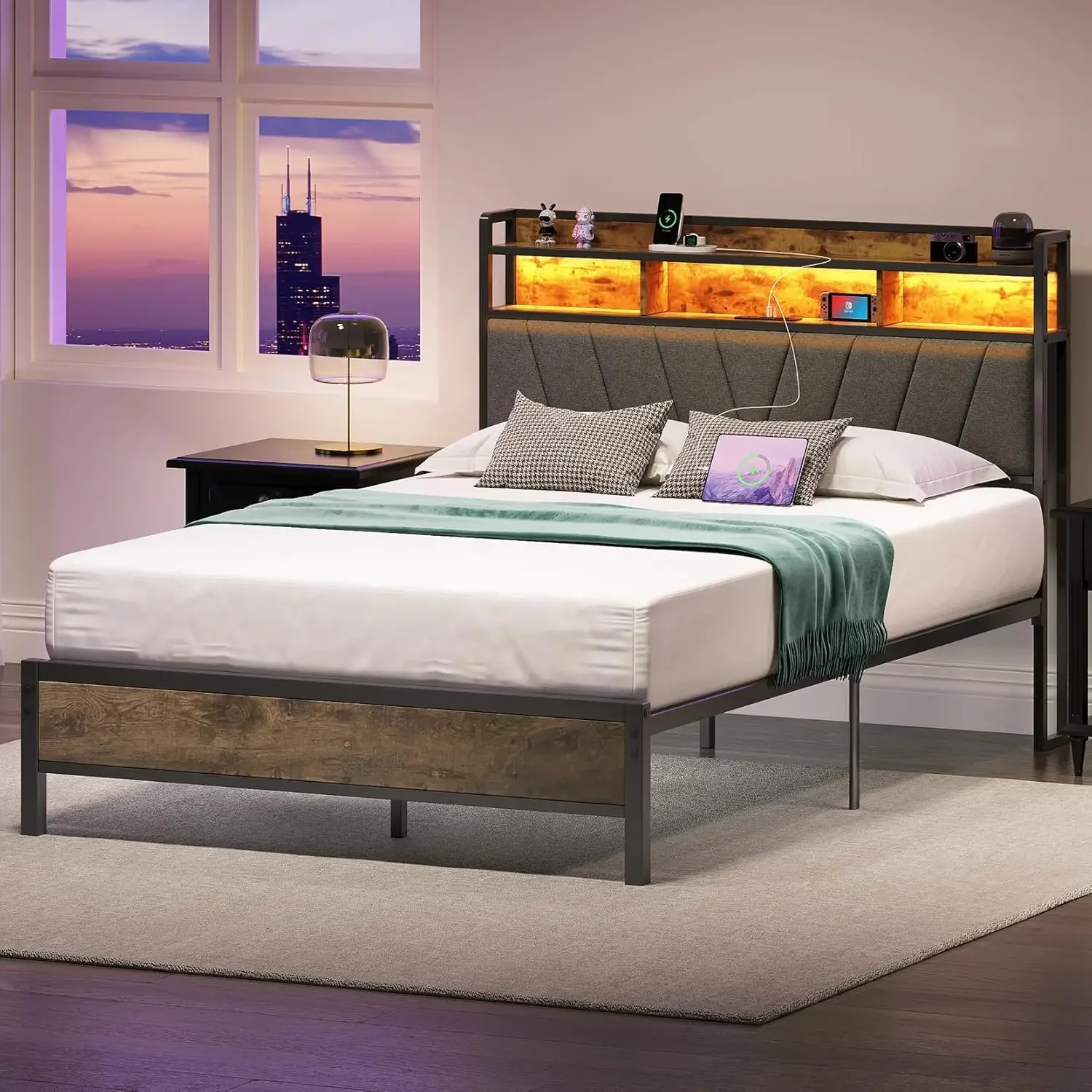 Bed Frames, Metal Bed Frames with Charging Station, LED Lights Bed Frames with Upholstered Storage Headboard, Sturdy and Noise-F