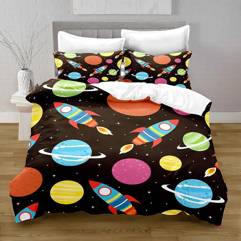 Outer Space Themed Kid Bedding Set Cartoon Rocket Planets Astronaut Duvet Cover King Queen Space Adventure Polyester Quilt Cover