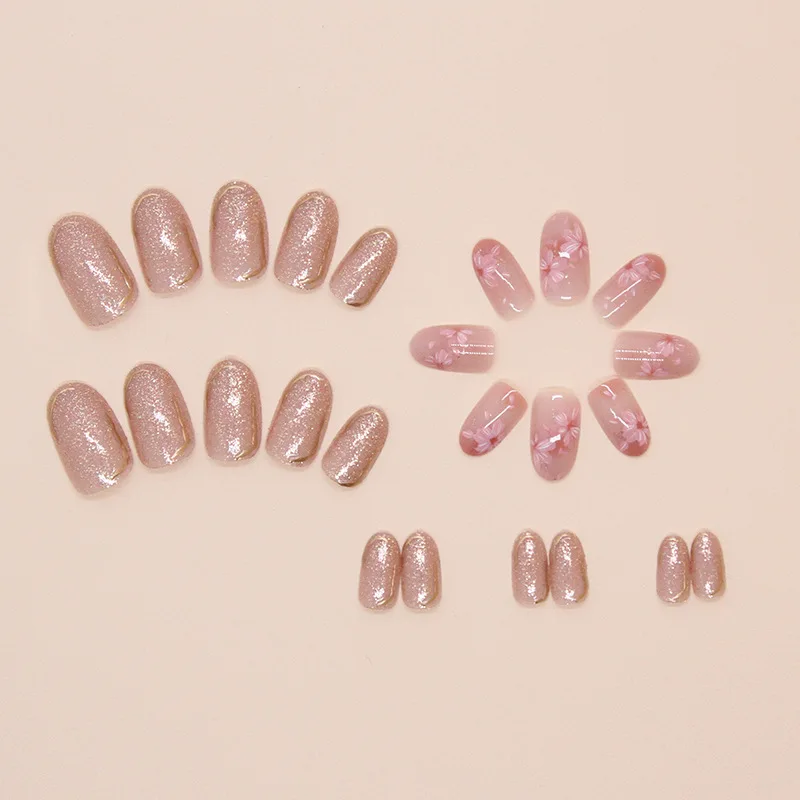 24Pcs Pink Peach Blossom Wearable Short Almond Press on Fake Nails Simple Fine Glitter False Nails with Glue Full Over Nail Tips