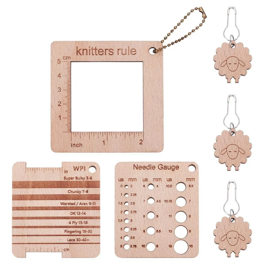 3Pcs 3 Style Wood Knitting Gauge Ruler Wooden Square Knitting Tool Sewing Rulers with 3Pcs Marking Button and Ball Chain for Art