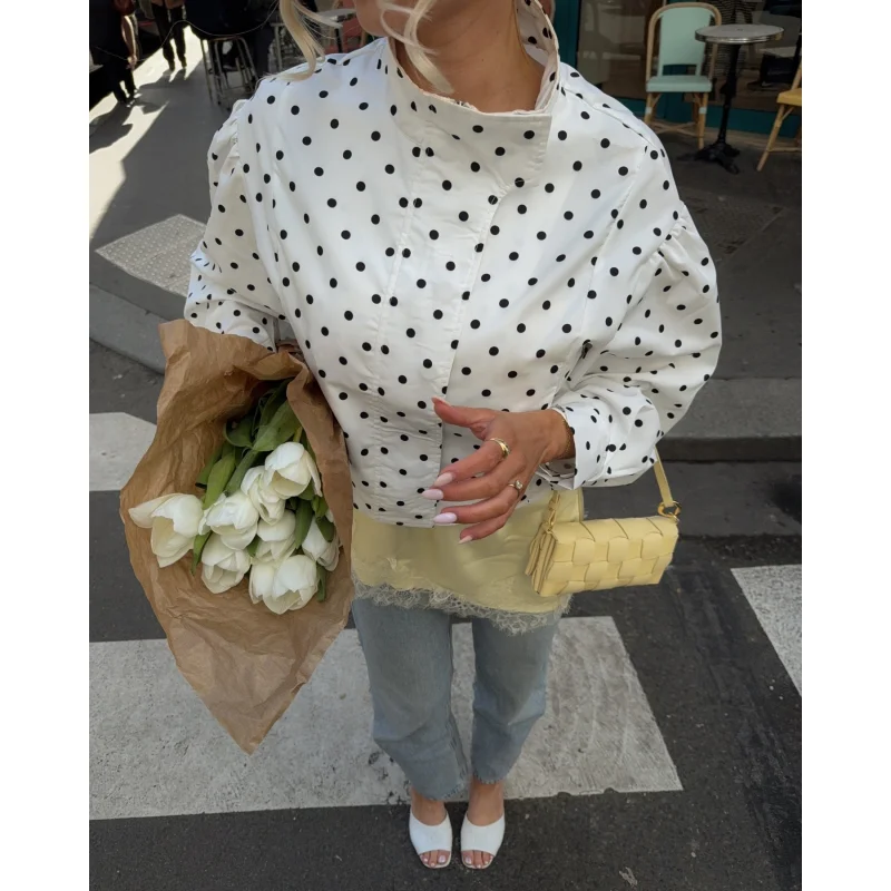 2026 Fall Women Polka Dot Parka Jacket Long Sleeve Loose Simple Casual Fashion Versatile Female Outerwear Coat Parka Outercoat