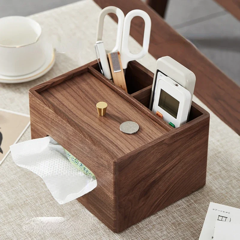 

Wooden Tissue Box, Light Luxury Living Room Organizer, Multi-Function Storage with Remote Control Drawer, Sleek Home Accessory