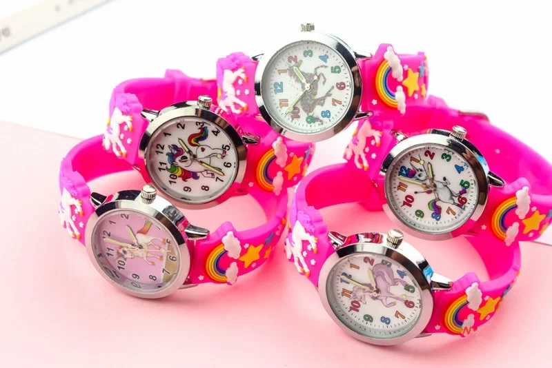 Reloj de pulsera de cuarzo para niños, niñas, niños, estudiantes, arcoíris, unicornio, dinosaurio, colorido, silicona, estrellas encantadoras, regalo de fiesta