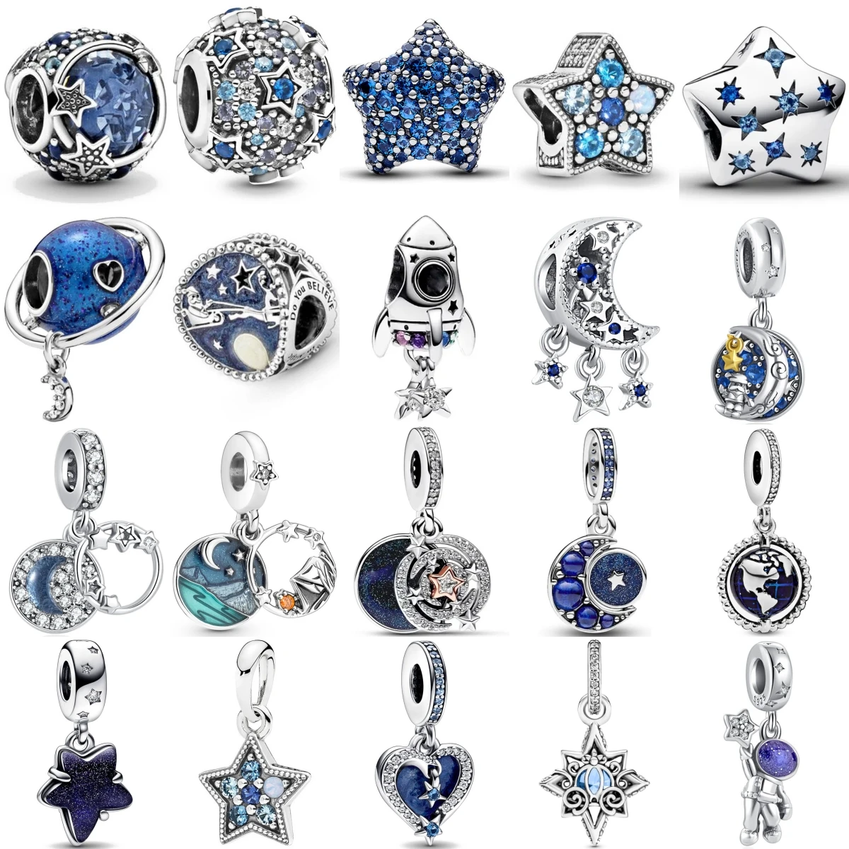 Colgante de plata de ley 925 con diseño de cohete de astronauta, serie de cielo estrellado azul, para Pulsera Original, joyería femenina, regalos exquisitos