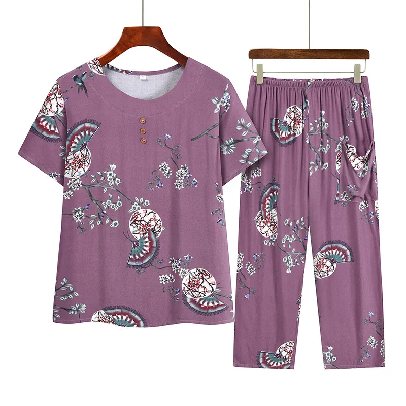 Middle Aged Mother Pajama Set Summer Women\'s Suit Short Sleeve Sleepwear T-shirt Calf-length Trousers Sets Pyjama Pour Femme