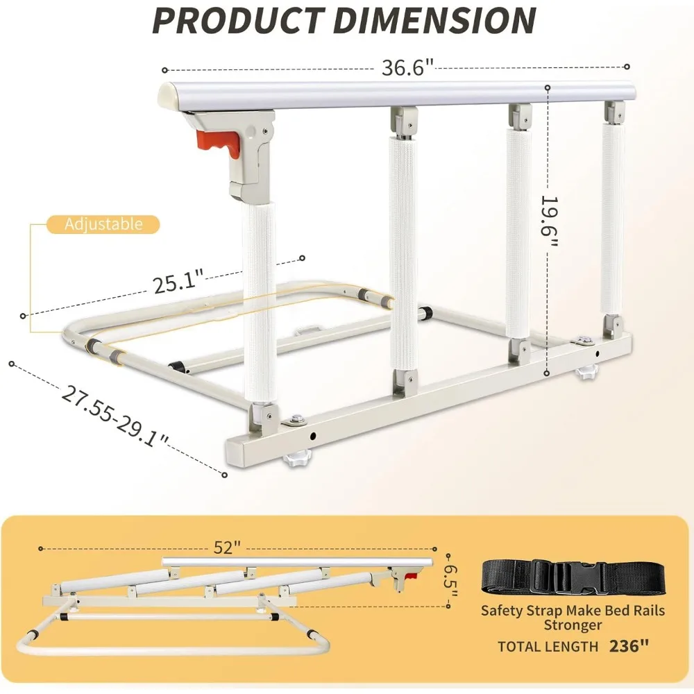 Rail de sécurité de lit pliant pour adultes âgés, poignée d'assistance aux chutes 37x20 pouces avec conception pliable