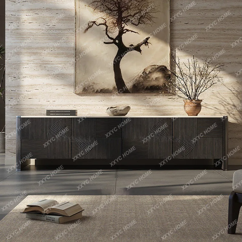 Light luxury marble TV cabinet Home living room High-end carved floor cabinet Modern villa storage locker
