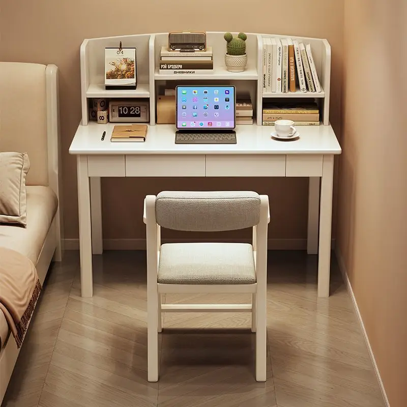 Rubber wood solid wood desk, integrated bookshelf, home student study desk, office writing computer desk