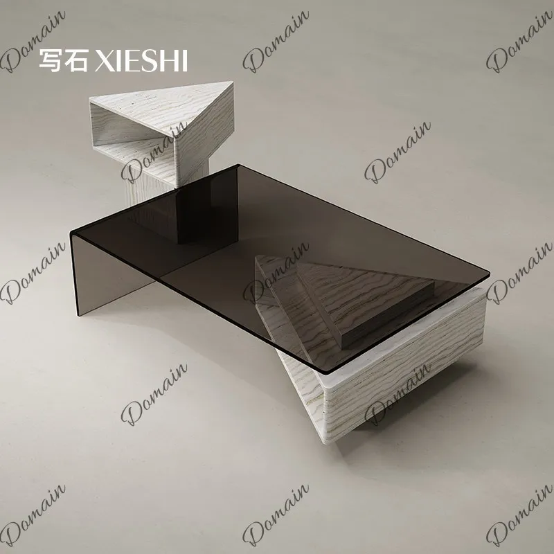 Natural marble coffee table Italian light luxury minimalist living room designer creative glass rectangular retractable