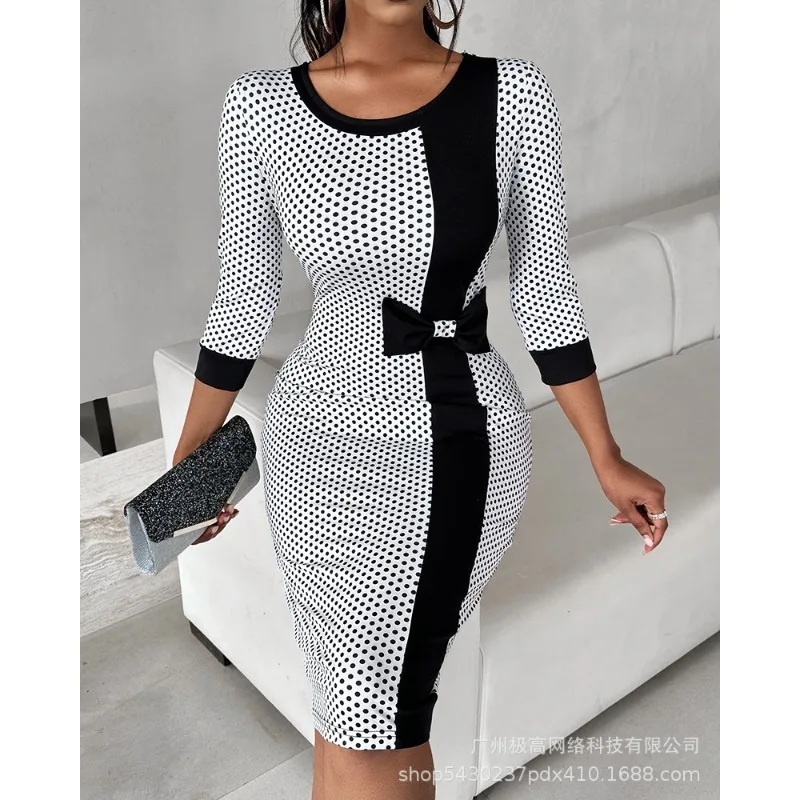 

Spring Summer New Dress Women's Long Sleeve Round Neck Bowknot Dress Women's Fashion Slim Fit Dotted Prints Dress