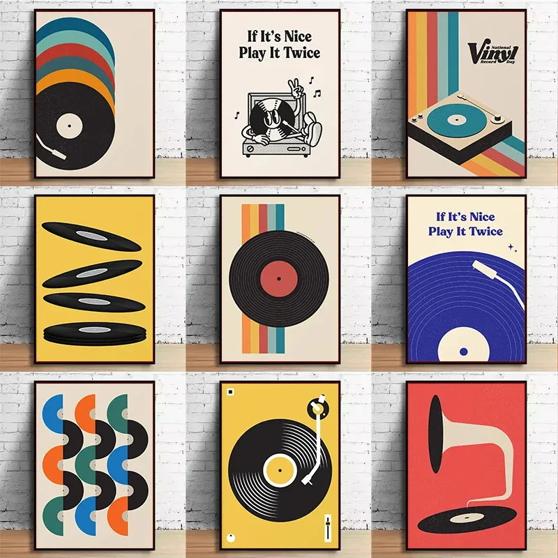 Retro Vinyl Record Print Mid Century Music Minimal Pastel Poster Colorful Wall Art Trendy Minimalist Turntable Home Room Decor
