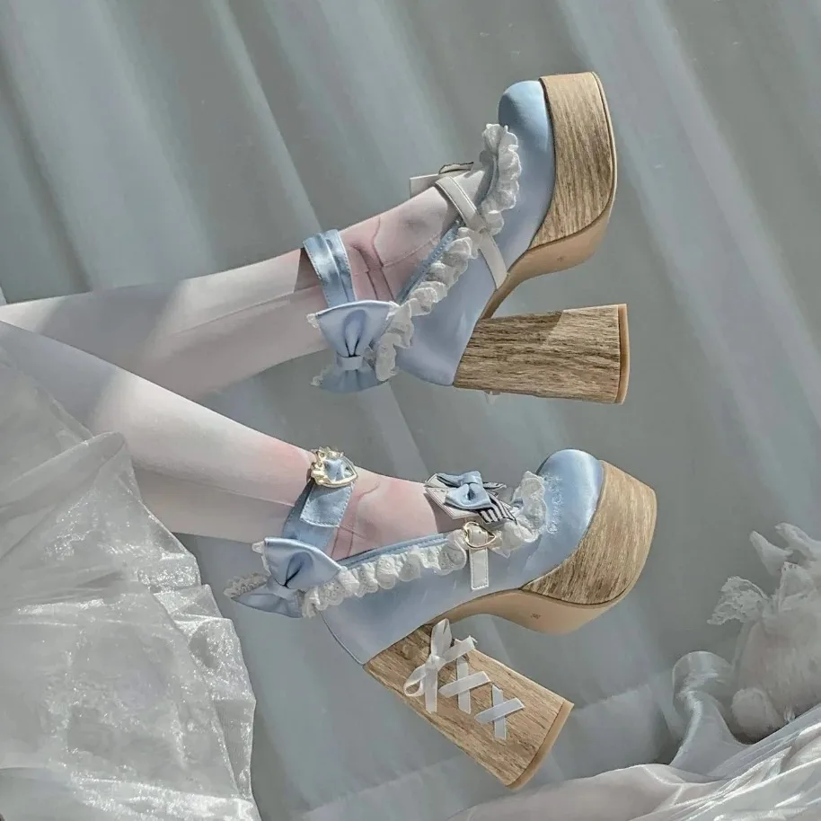 

Японская обувь Kawaii Lolita для девочек, милые женские туфли на высоком каблуке с милым бантом и кружевом Love, туфли-маффины на платформе для женщин