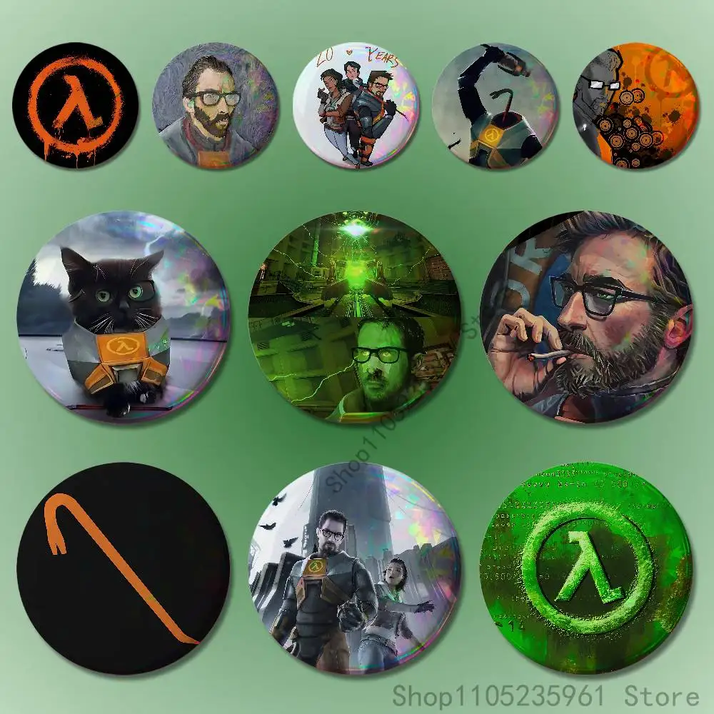 

H-Half-L-Life 2 58mm 44mm HD Print Brooch Badges Pretty Derby Round Display Brooches Lapel Pins Custom