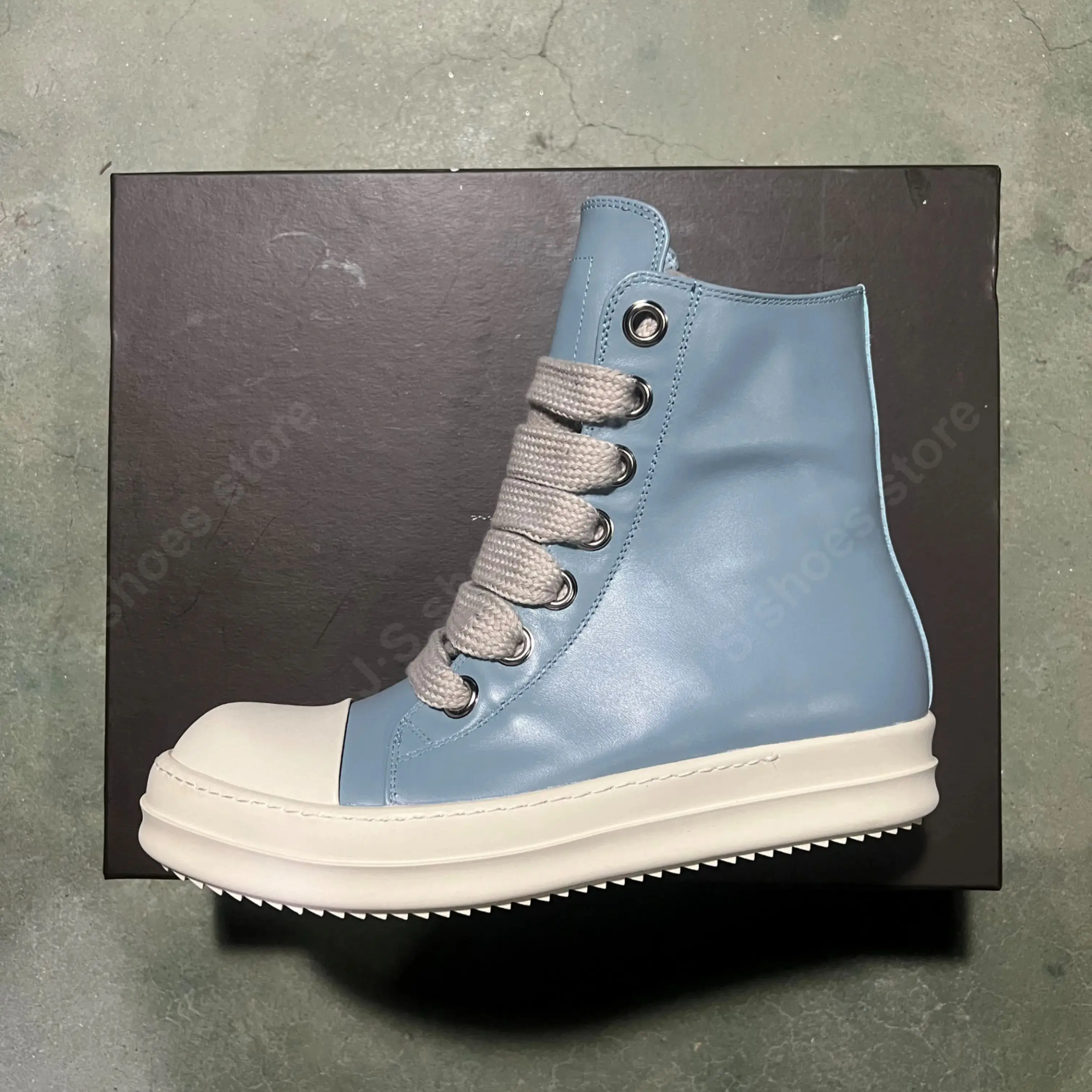 Ricks Men Shoe Wathet Blue Leather High Top Shoe Jumbo Laces Owens Women Sneaker Casual Shoe Ankle Boot Zip Boots Shoes Sneakers