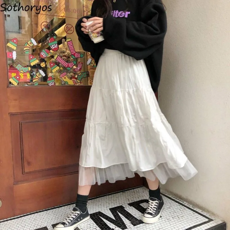 Summer Skirts Women Sweet College Ulzzang Lovely Mesh Long Skirt Trendy Girlish Korean Style High Waist Street All-match Young