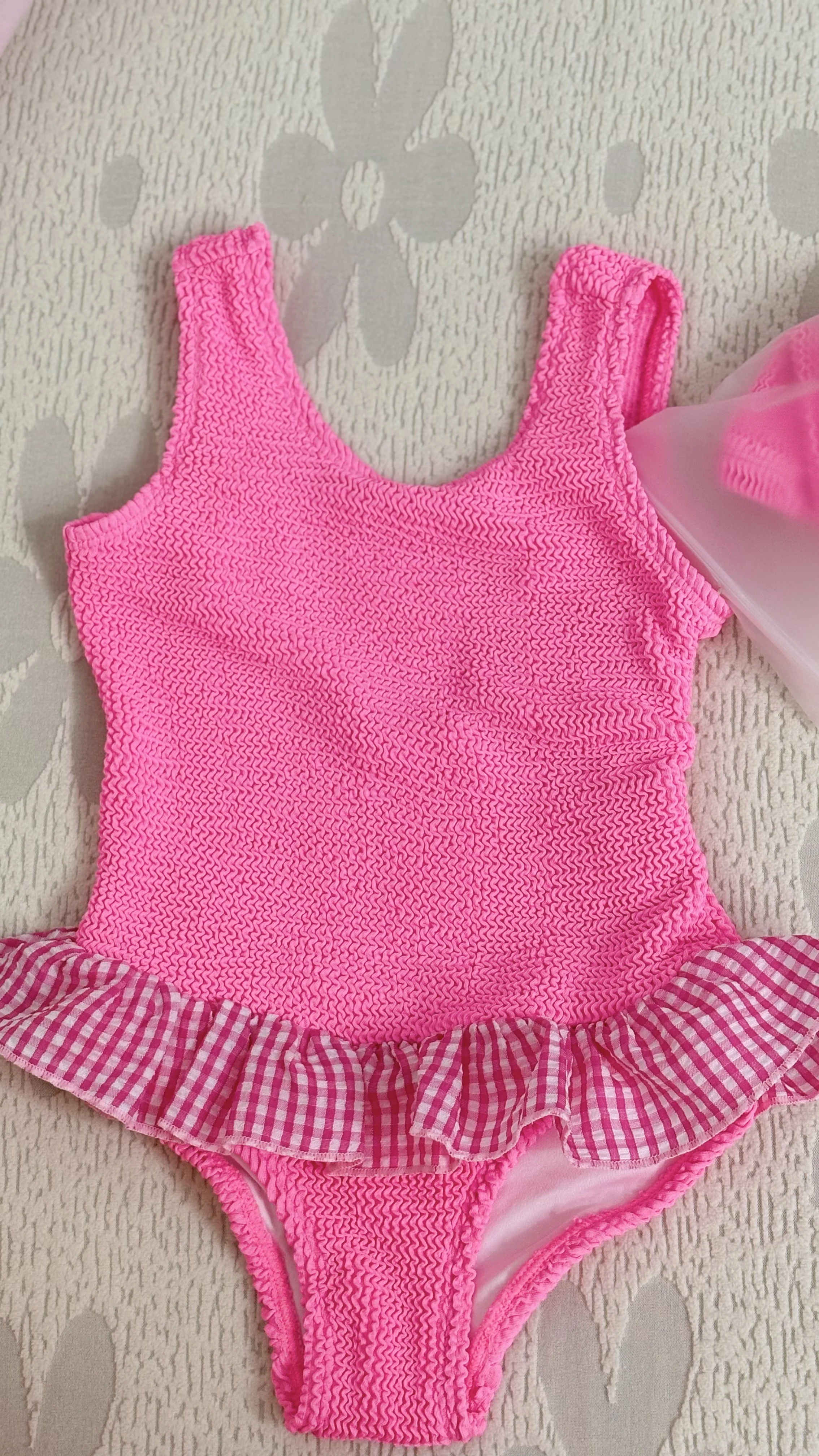 2026Cute Pink Toddler Girl One Piece Swimsuit Ruffle Gingham Hem Sweet Beachwear for Kids Quick Dry Bathing Suit Summer Pool