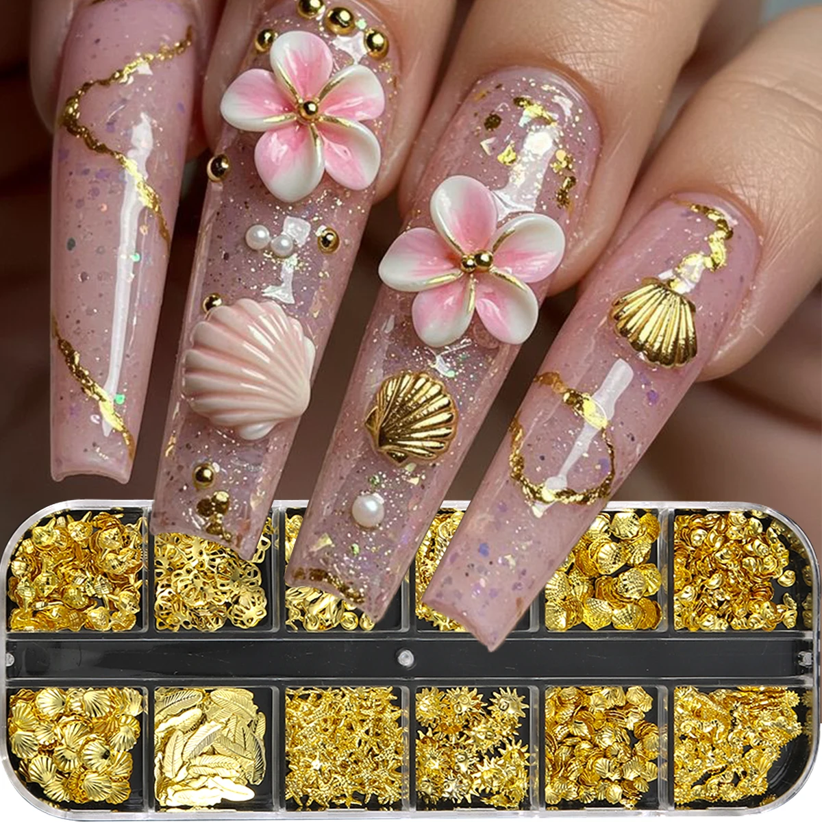 Adornos para Uñas con Temática Marina Dorada, Cuentas Blancas 3D, Remaches de Aleación con Conchas Marinas Beige, Estrellas de Mar/Conchas, Decoraciones para Uñas DIY