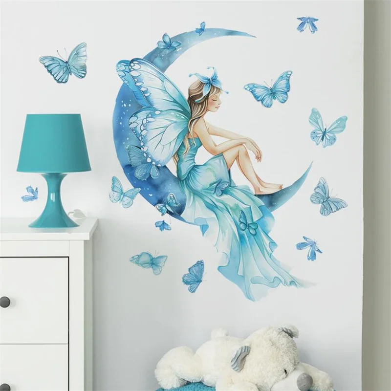 1Pc Cute Blue Girls Butterflies On The Moon Wall Stickers For Kids Room Decor Children Bedroom Decoration Living Room Wall Decal