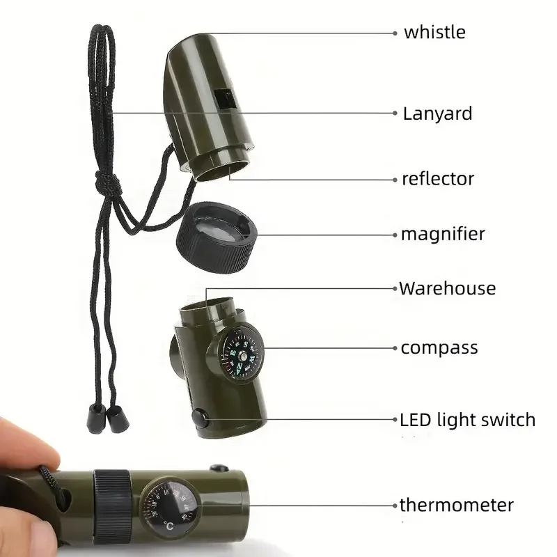 7-in-1 Survival Whistle Outdoor Multi-Functional Tool with LED Light Thermometer&Compass