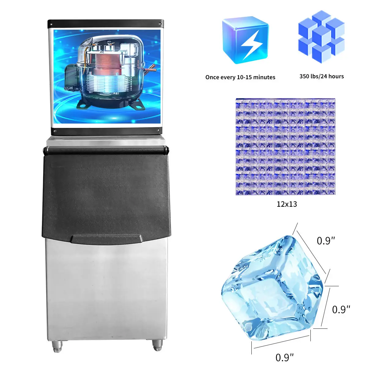 Industrial Automatic Stainless Steel Cube Ice Maker with Compressor and Motor 18kg Capacity for Commercial & Home Use