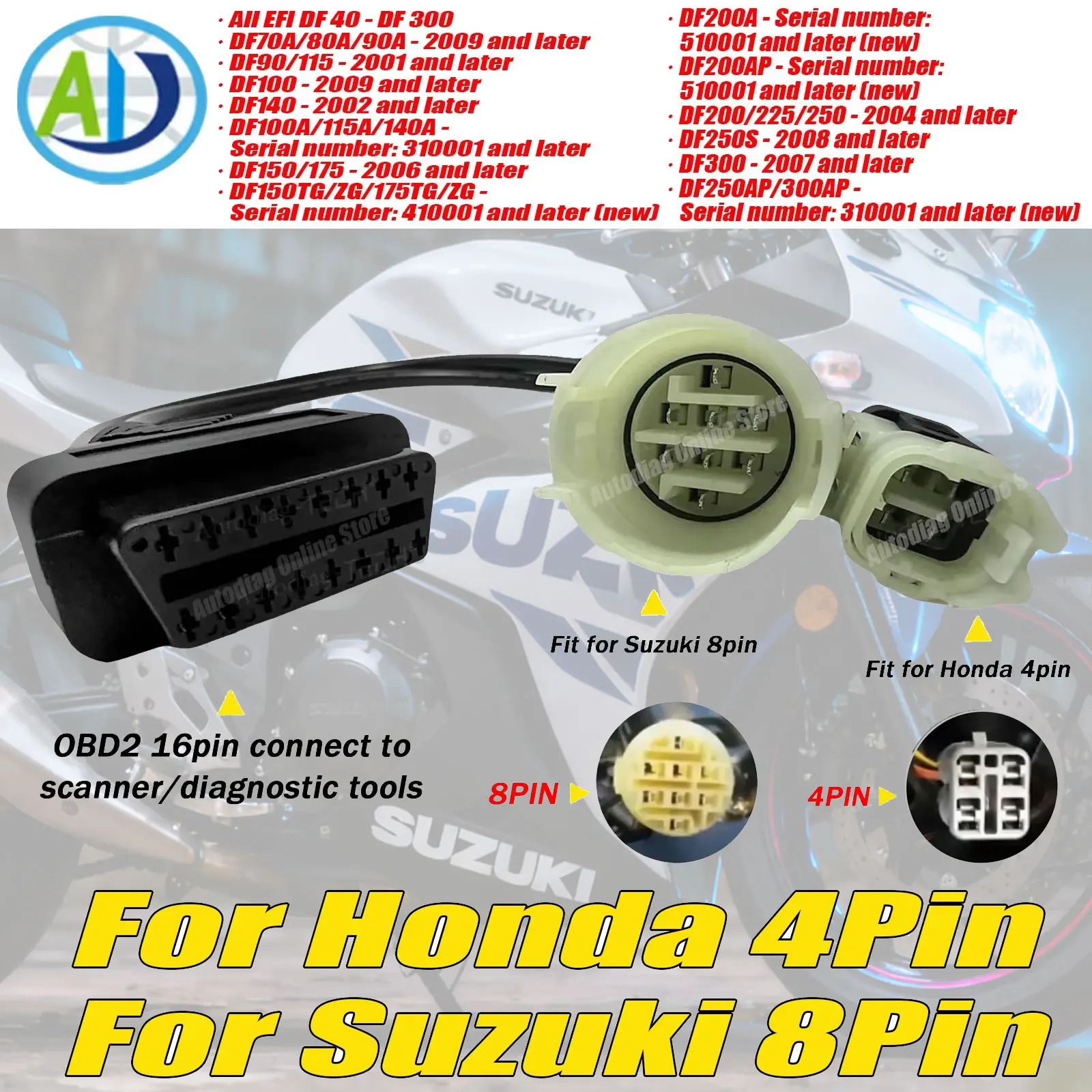 

For Suzuki 8Pin Motorcycle OBD2 Diagnostic Adapter For DF 100/115/140/150/175/200/225/250/300 OBD2 Adapter Cable For Honda 4pin