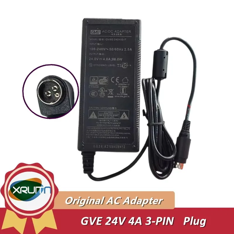 Genuine GVE 24V 4A 96W GM95-2400400-F AC Adapter Charger Power Supply 3-Pin Plug