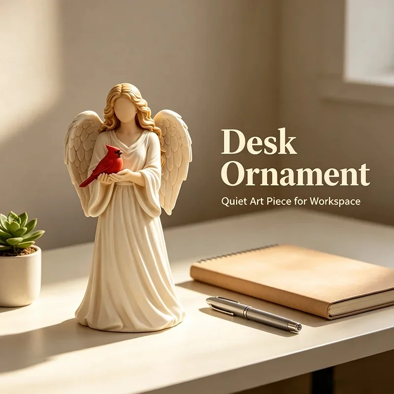 Winged Faceless Angel Statue With Cardinal Bird White Robe Resin Craft Sympathy Gift Indoor Tabletop Decoration