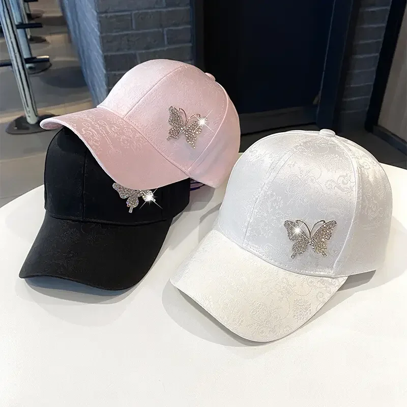 

Embroidery Flower Rhinestone Metal Butterfly Baseball Cap for Women Girls Leisure Lace Breathable Sunscreen Solid Colour Sun Hat